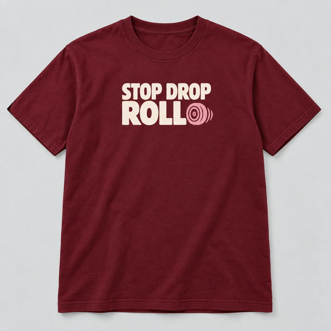 Stop Drop Roll Tee in Burgundy / Cream — compact graphic concept mockup