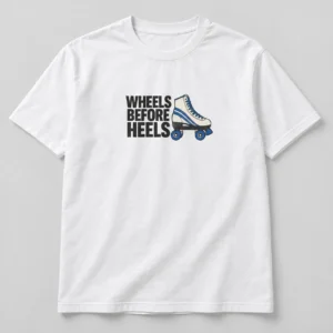 Wheels Before Heels Tee in White / Ink Black — compact graphic concept mockup