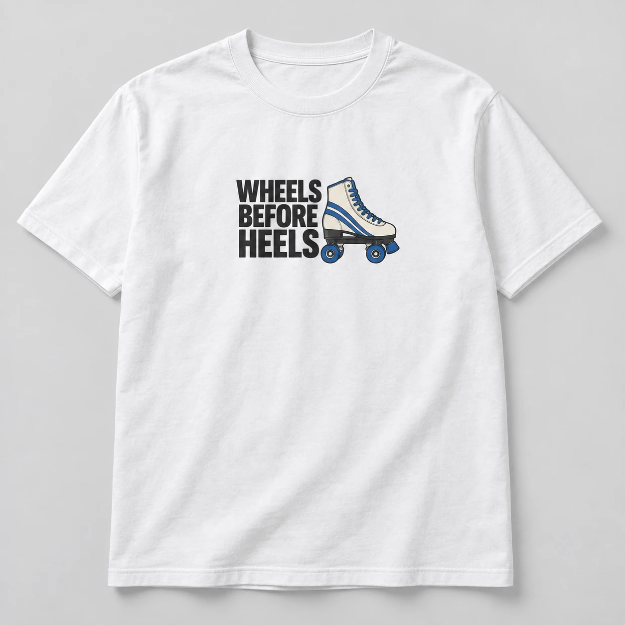 Wheels Before Heels Tee in White / Ink Black — compact graphic concept mockup