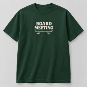 Board Meeting Tee in Forest / Cream — compact graphic concept mockup