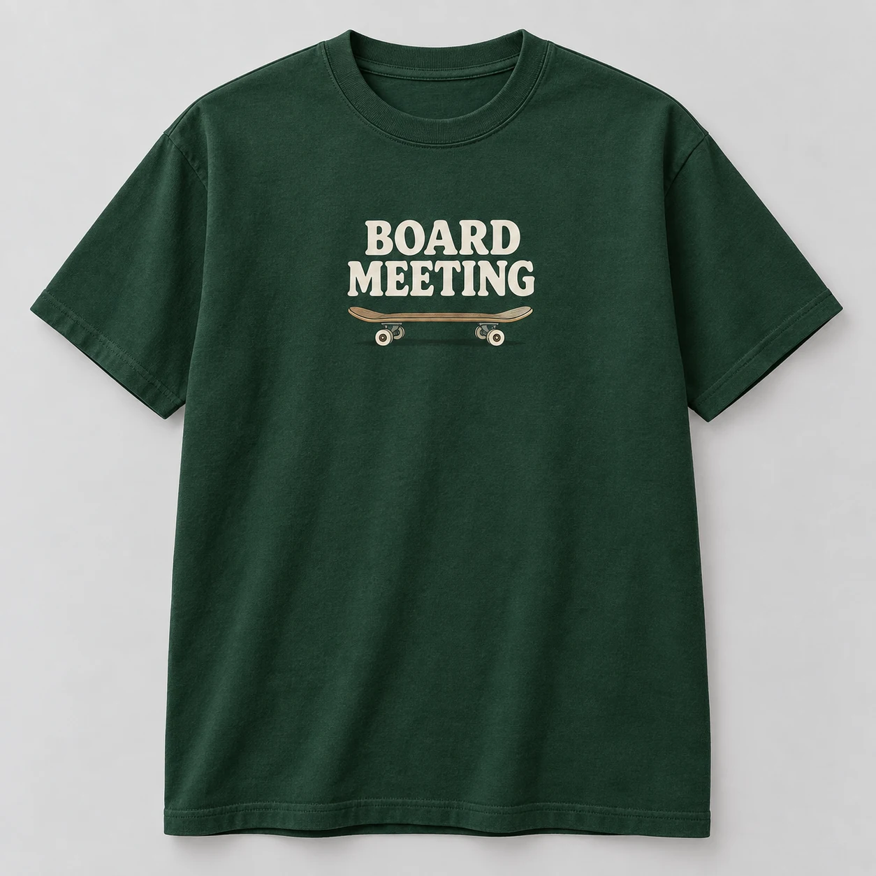 Board Meeting Tee in Forest / Cream — compact graphic concept mockup