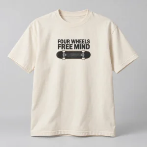Four Wheels Free Mind Tee in Natural / Ink Black — compact graphic concept mockup