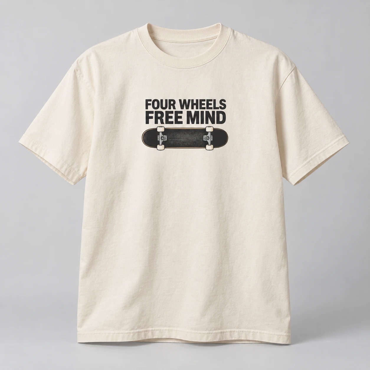 Four Wheels Free Mind Tee in Natural / Ink Black — compact graphic concept mockup
