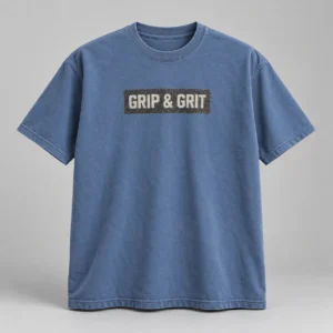 Grip & Grit Tee in Faded Blue / Cream — compact graphic concept mockup