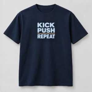 Kick Push Repeat Tee in Navy / Pale Blue — compact graphic concept mockup