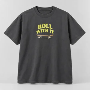 Roll With It Tee in Charcoal / Acid Yellow — compact graphic concept mockup