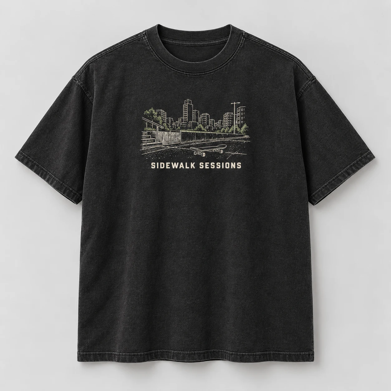 Sidewalk Sessions Tee in Washed Black / Cream — compact graphic concept mockup