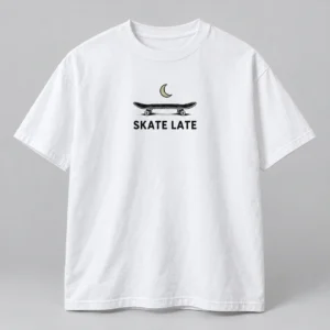 Skate Late Tee in White / Ink Black — compact graphic concept mockup