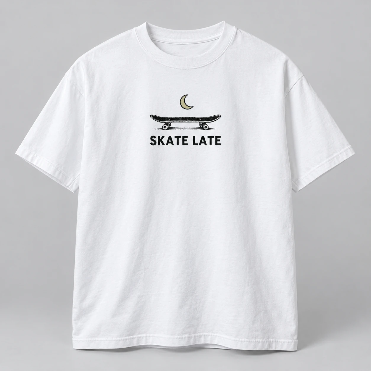 Skate Late Tee in White / Ink Black — compact graphic concept mockup