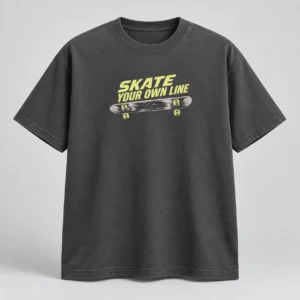 Skate Your Own Line Tee in Charcoal / Acid Yellow — compact graphic concept mockup