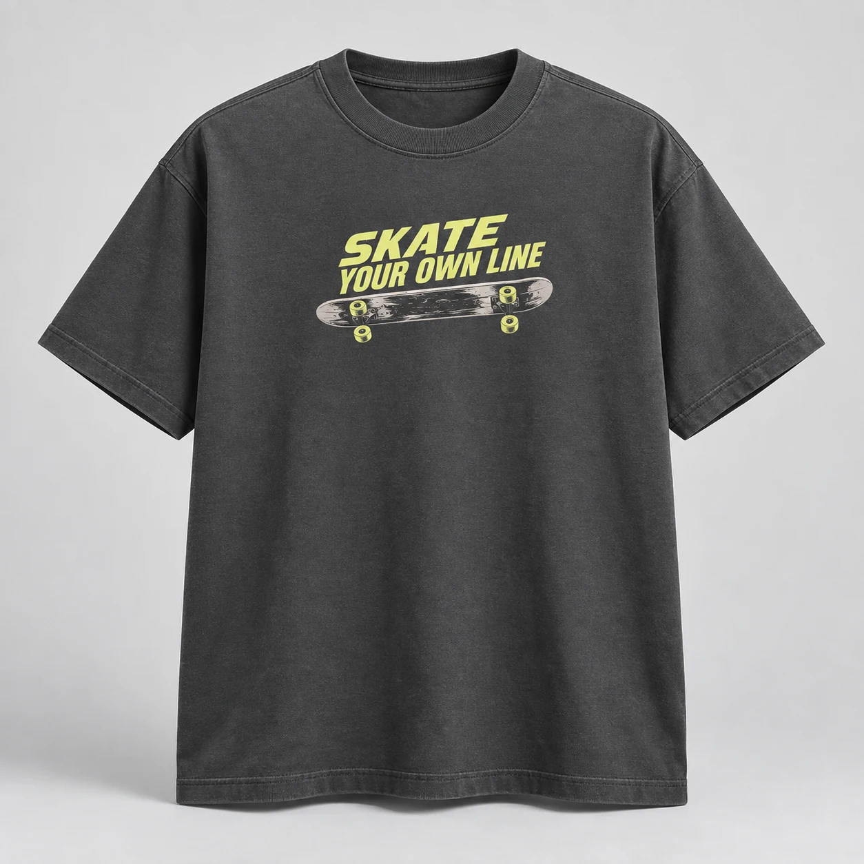 Skate Your Own Line Tee in Charcoal / Acid Yellow — compact graphic concept mockup