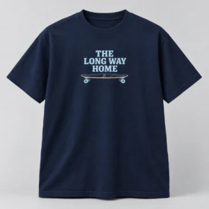 The Long Way Home Tee in Navy / Pale Blue — compact graphic concept mockup