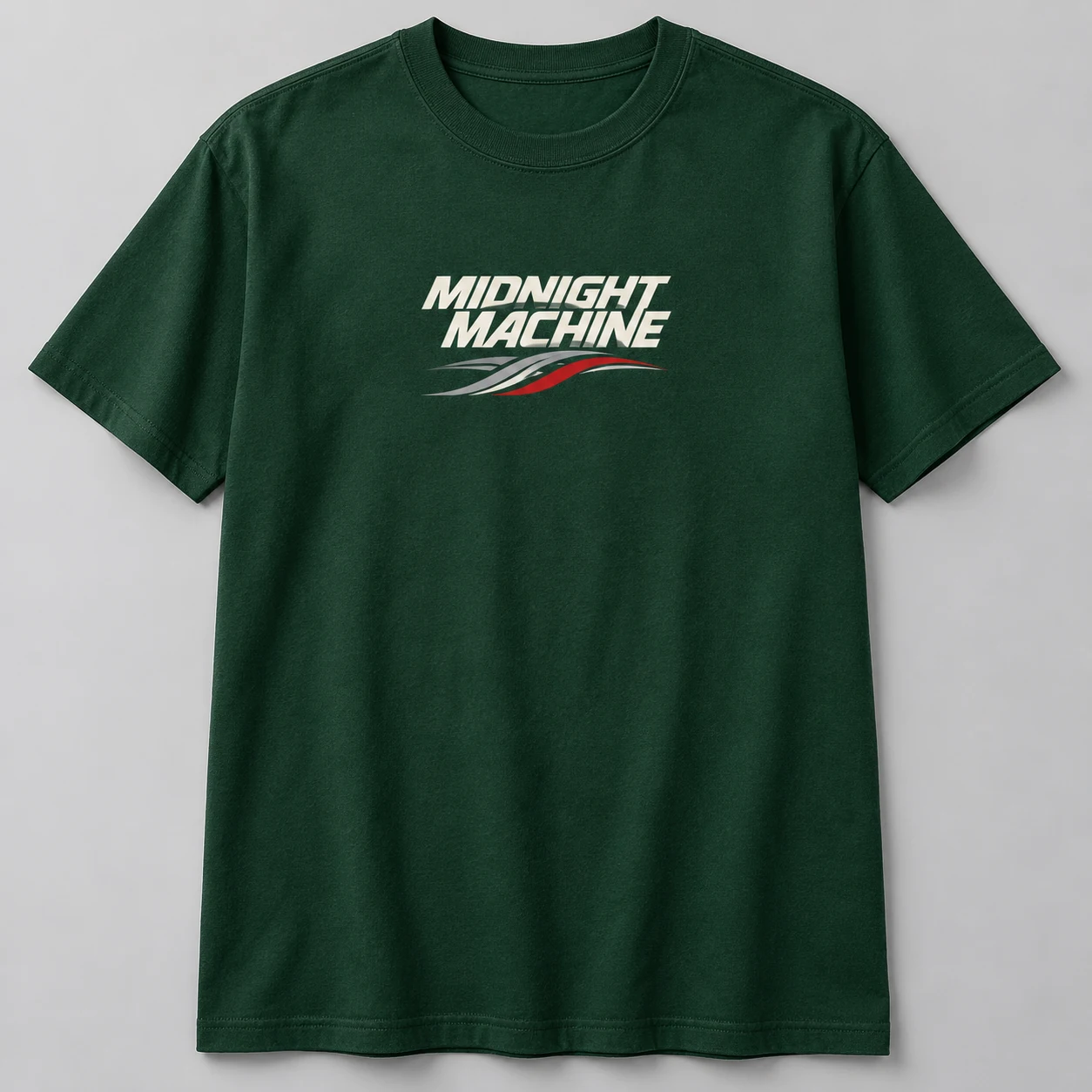 Midnight Machine Tee in Forest / Cream — compact graphic concept mockup