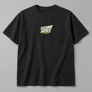 Techno Notice Tee in Washed Black / Cream — compact graphic concept mockup