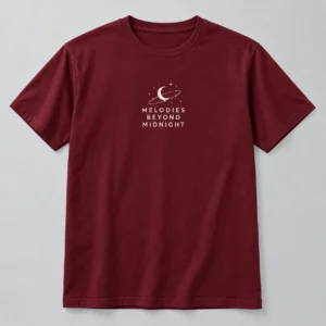 Melodies Beyond Midnight Tee in Burgundy / Cream — compact graphic concept mockup