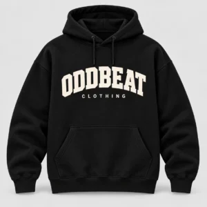 The Hero Varsity Hoodie in Black / Cream with hero Oddbeat logo — concept mockup
