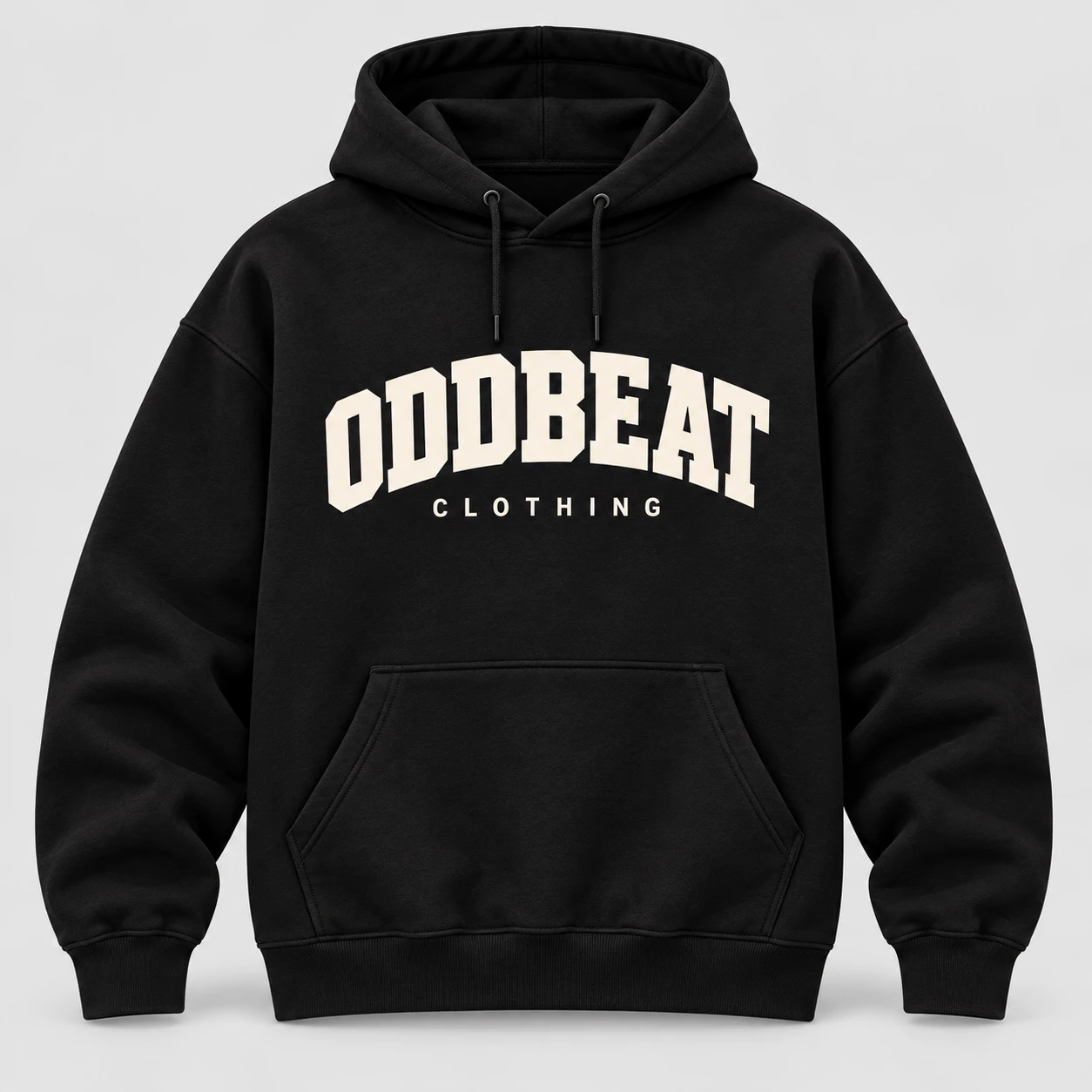 The Hero Varsity Hoodie in Black / Cream with hero Oddbeat logo — concept mockup