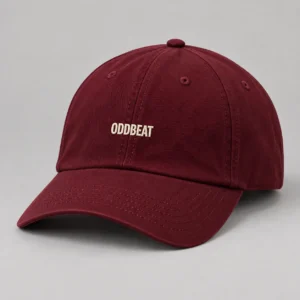 Micro Logo Cap — Burgundy in Burgundy / Cream with micro Oddbeat logo — concept mockup