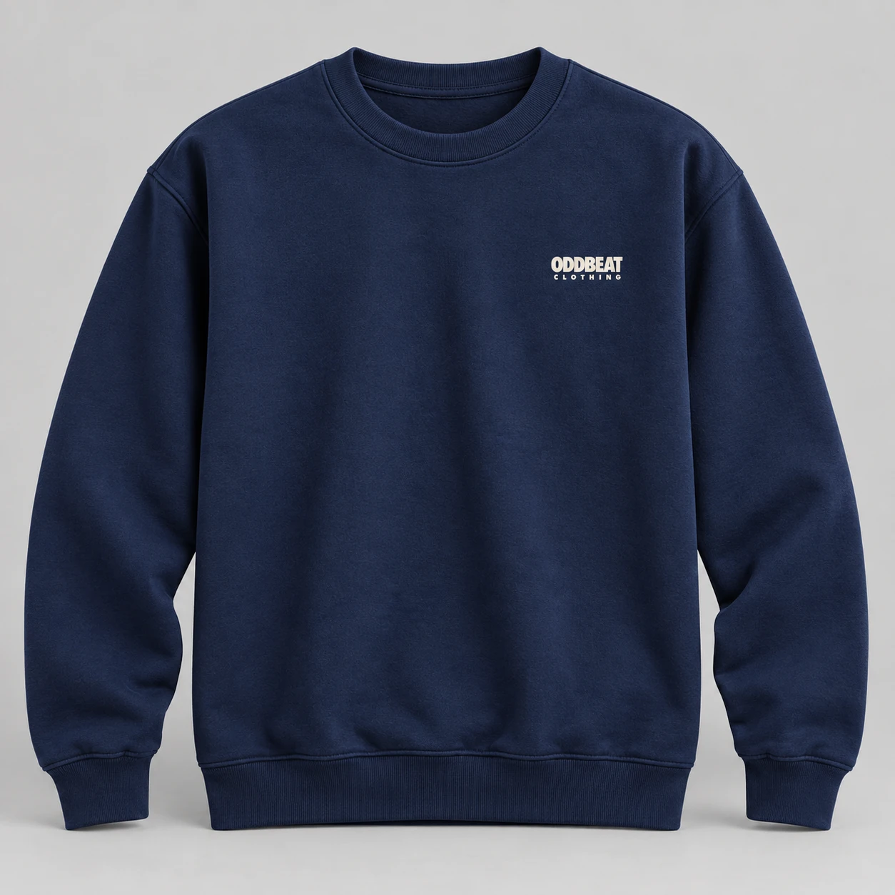 Micro Logo Sweatshirt — Navy in Navy / Cream with micro Oddbeat logo — concept mockup