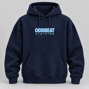 Signature Hoodie — Navy in Navy / Sky Blue with signature Oddbeat logo — concept mockup