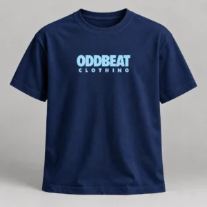 Signature Tee — Navy in Navy / Sky Blue with signature Oddbeat logo — concept mockup