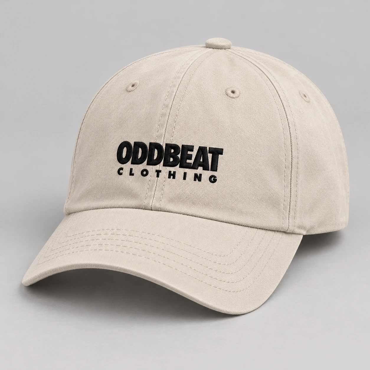 Signature Cap — Stone in Stone / Black with signature Oddbeat logo — concept mockup