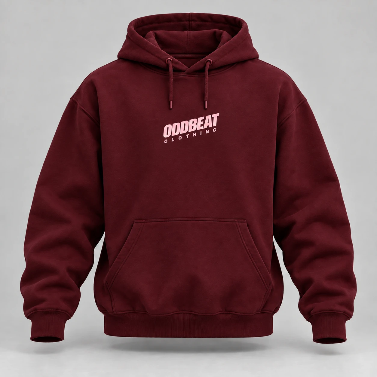 Tilt Hoodie — Burgundy in Burgundy / Pale Pink with tilt Oddbeat logo — concept mockup