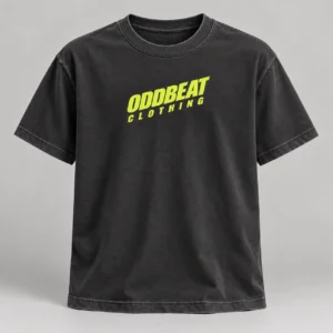 Tilt Tee — Washed Black in Washed Black / Acid Yellow with tilt Oddbeat logo — concept mockup