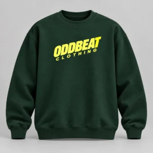 Tilt Sweatshirt — Forest in Forest / Acid Yellow with tilt Oddbeat logo — concept mockup
