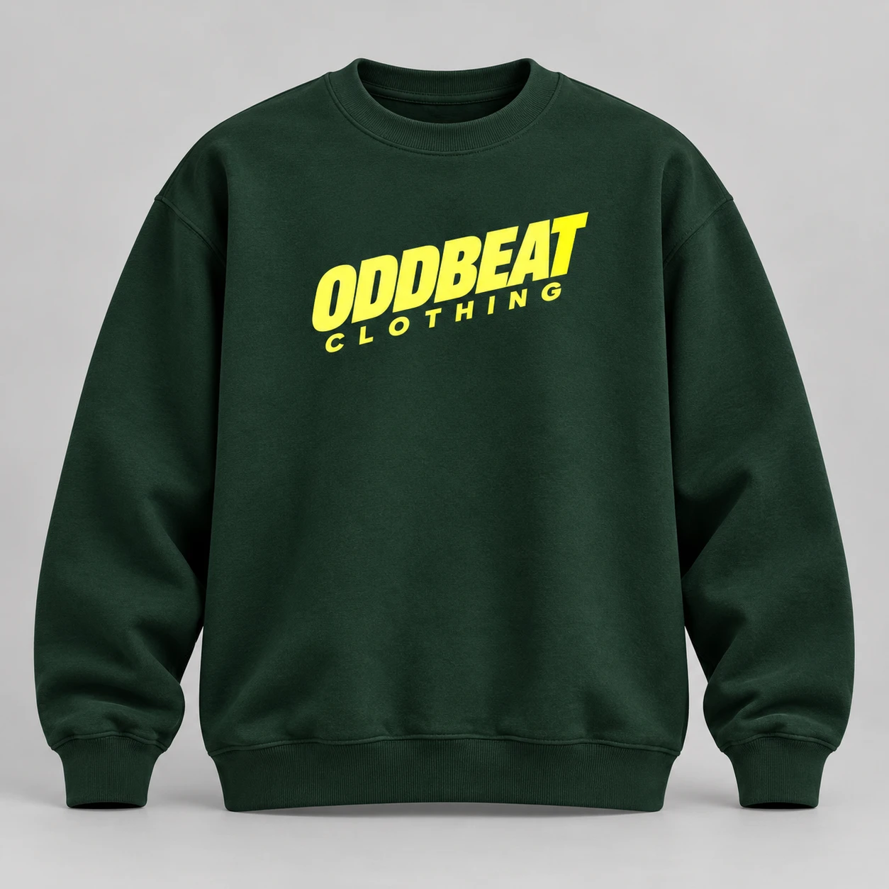Tilt Sweatshirt — Forest in Forest / Acid Yellow with tilt Oddbeat logo — concept mockup