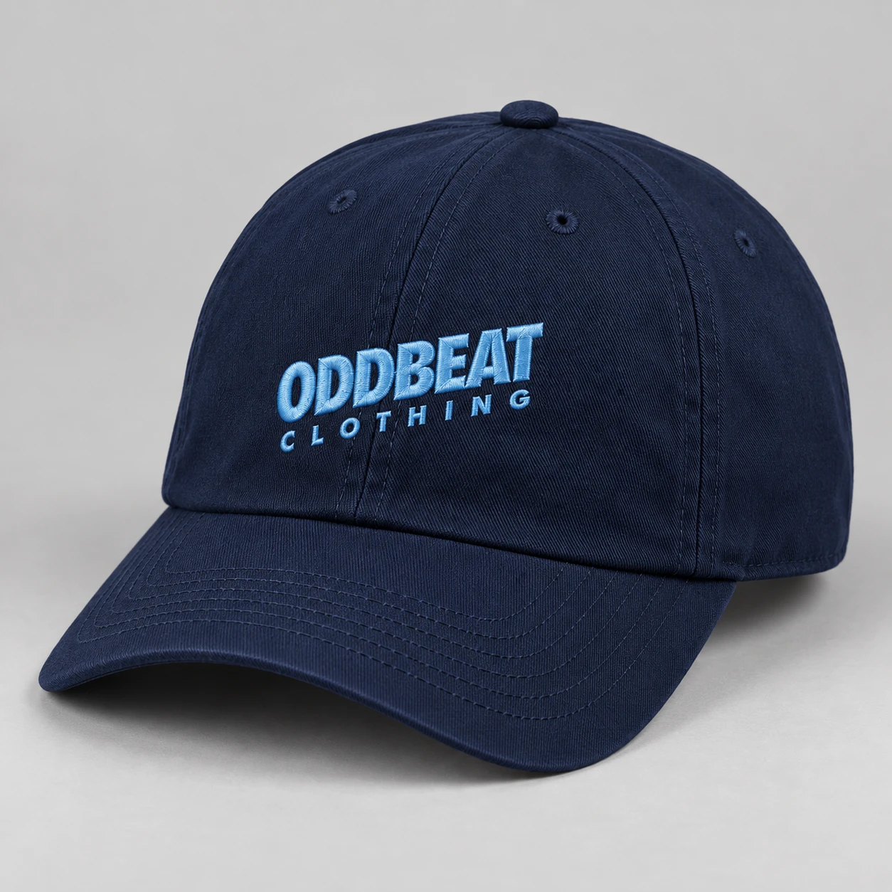 Tilt Cap — Navy in Navy / Sky Blue with tilt Oddbeat logo — concept mockup