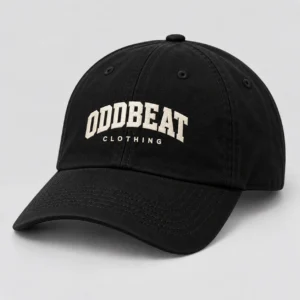 Varsity Cap — Black in Black / Cream with varsity Oddbeat logo — concept mockup
