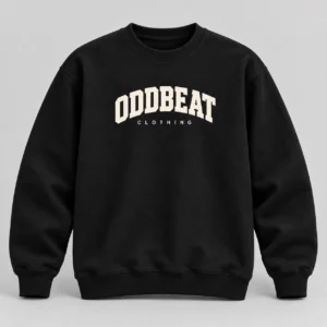 Varsity Sweatshirt — Black in Black / Cream with varsity Oddbeat logo — concept mockup