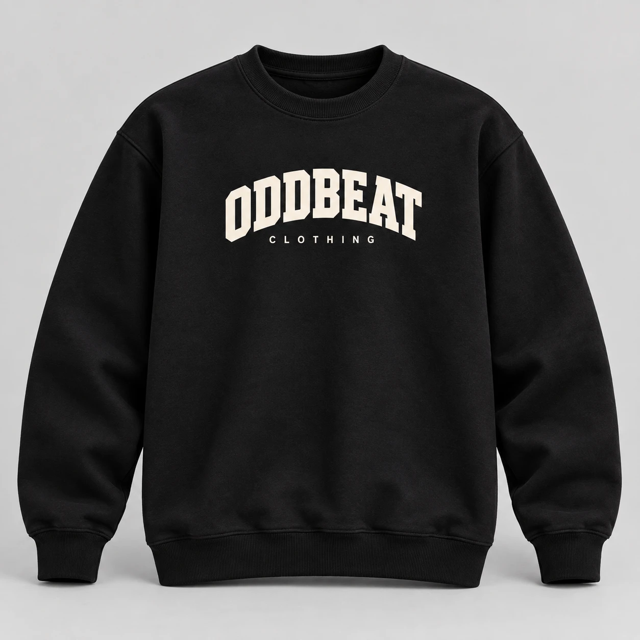 Varsity Sweatshirt — Black in Black / Cream with varsity Oddbeat logo — concept mockup