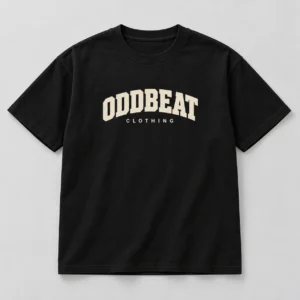 Hero Varsity Tee — Black in Black / Cream with varsity Oddbeat logo — concept mockup
