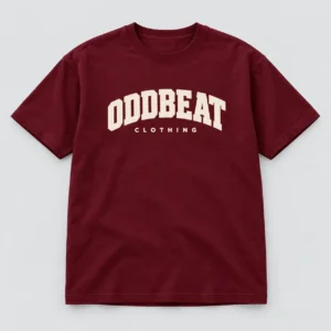 Varsity Tee — Burgundy in Burgundy / Cream with varsity Oddbeat logo — concept mockup