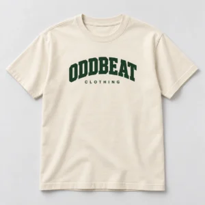 Varsity Tee — Cream in Cream / Forest with varsity Oddbeat logo — concept mockup