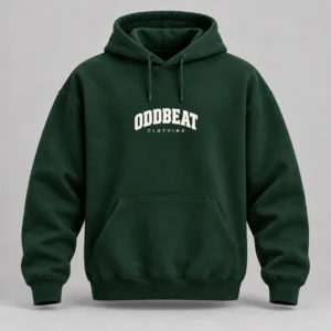 Varsity Hoodie — Forest in Forest / Cream with varsity Oddbeat logo — concept mockup
