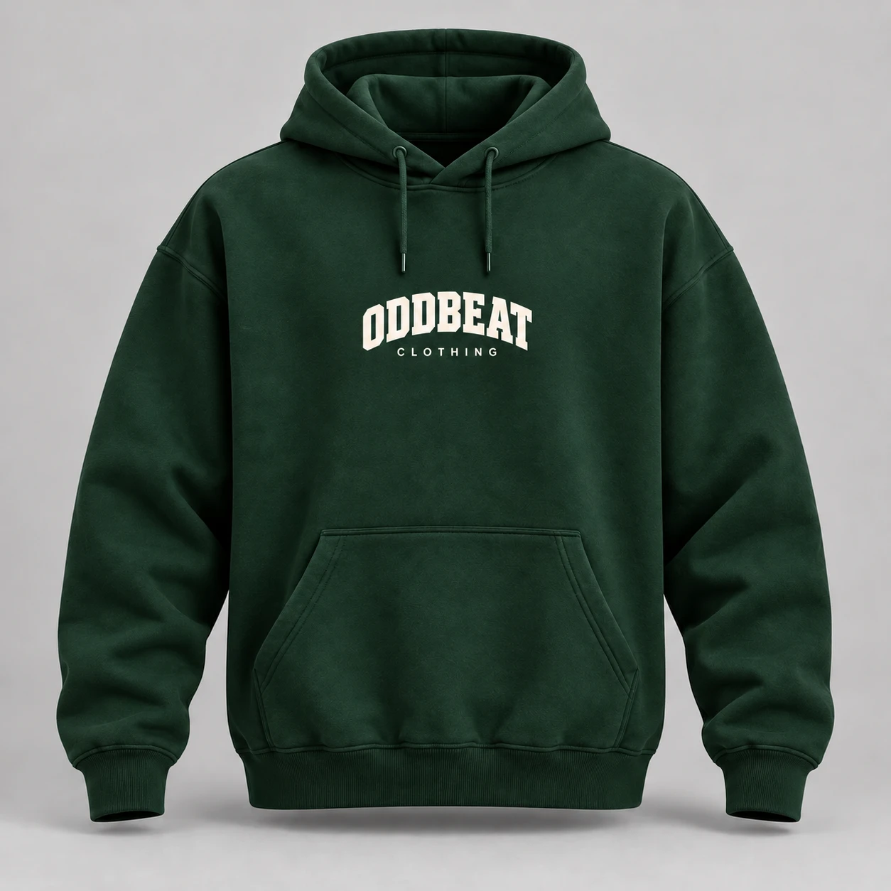 Varsity Hoodie — Forest in Forest / Cream with varsity Oddbeat logo — concept mockup