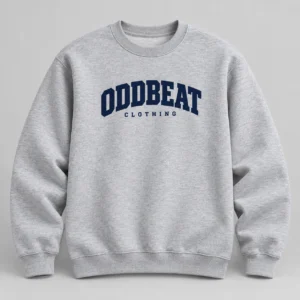 Varsity Sweatshirt — Athletic Grey in Athletic Grey / Navy with varsity Oddbeat logo — concept mockup