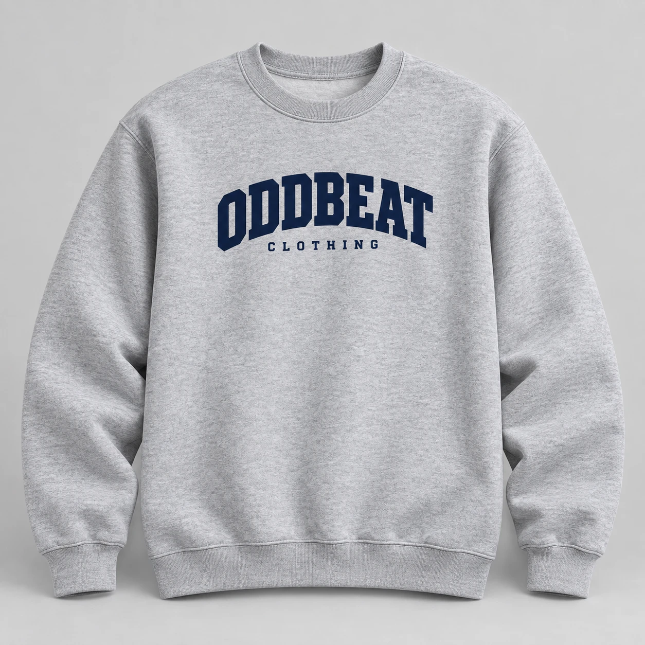 Varsity Sweatshirt — Athletic Grey in Athletic Grey / Navy with varsity Oddbeat logo — concept mockup