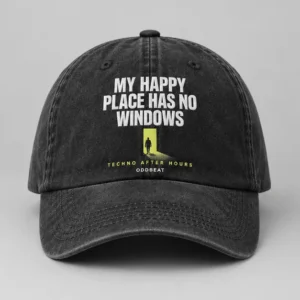 My Happy Place Has No Windows Cap concept mockup