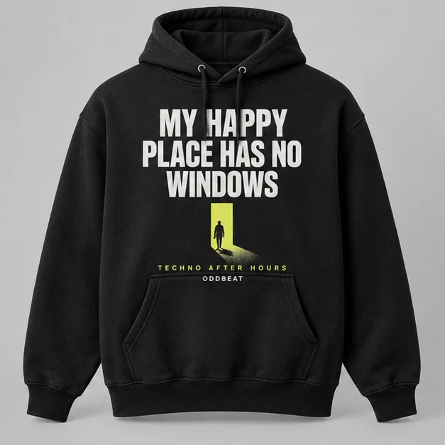 My Happy Place Has No Windows Hoodie concept mockup