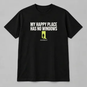 My Happy Place Has No Windows Tee in black with a compact chest print — concept mockup