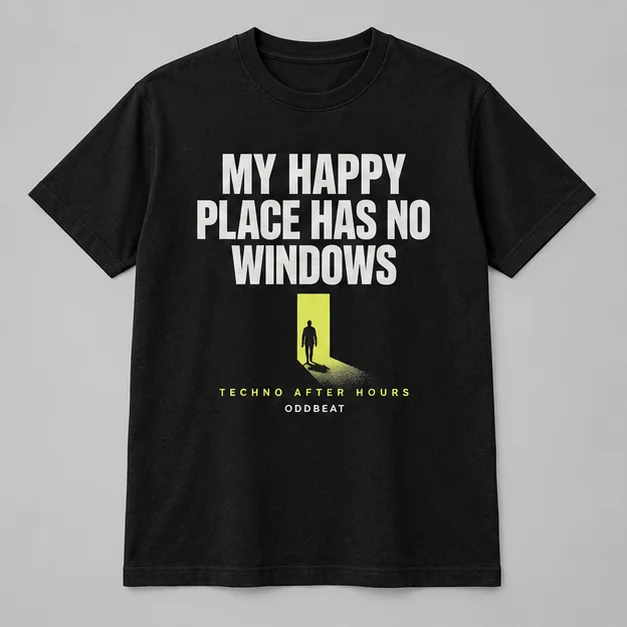 My Happy Place Has No Windows Tee concept mockup