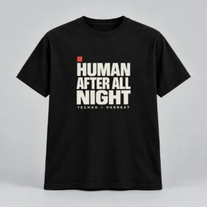 Human After All Night Tee in black with a compact chest print — concept mockup