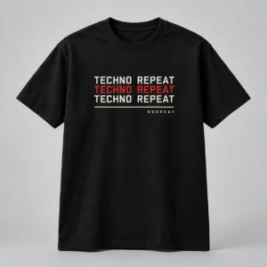 TECHNO Repeat Tee in black with a compact chest print — concept mockup