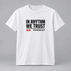 In Rhythm We Trust Tee in white with a compact chest print — concept mockup