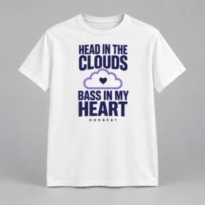 Head In The Clouds Bass In My Heart Tee in white with a compact chest print — concept mockup