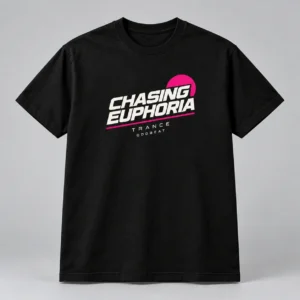Chasing Euphoria Tee in black with a compact chest print — concept mockup